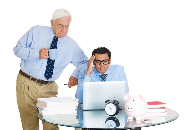 Closeup portrait of old elderly business man boss, checking on his young employee, pushing to work hard on project, who is in disagreement unhappy, isolated on white background. Conflict at work place